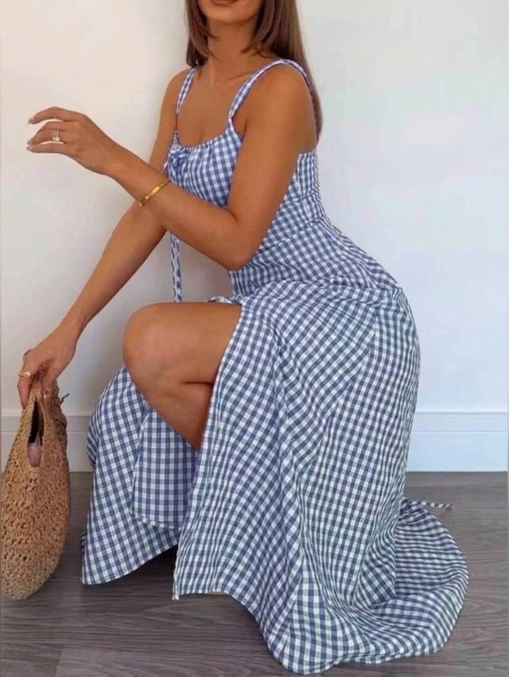 New Gingham Lace Up Back A Line Midi Dress Blue White Cotton - Picture 5 of 8